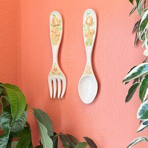 Vintage Arnel's Giant Oversized Merry Mushroom Fork & Spoon Kitschy MCM Wall Art